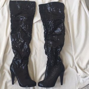 Black Knee High Sequence Boots